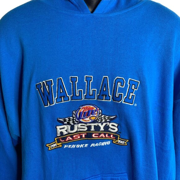 2005 Rusty Wallace Last Call Hoodie Sweatshirt L Blue Embroidered Fleece Pocket - Picture 2 of 7